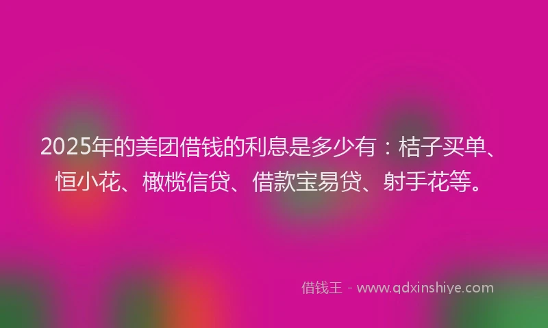 2025年的美团借钱的利息是多少有：桔子买单、恒小花、橄榄信贷、借款宝易贷、射手花等。