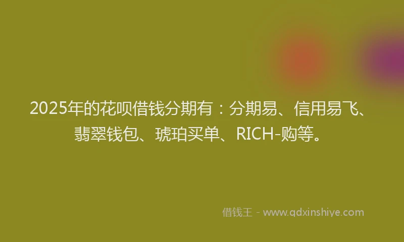 2025年的花呗借钱分期有：分期易、信用易飞、翡翠钱包、琥珀买单、RICH-购等。