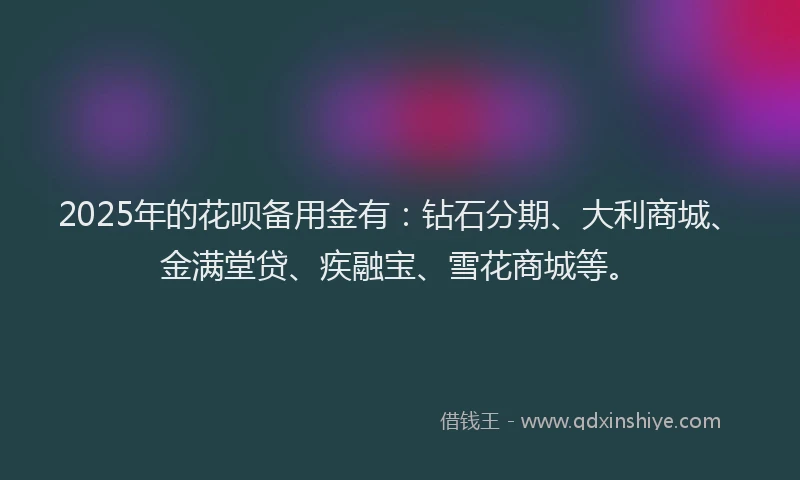 2025年的花呗备用金有：钻石分期、大利商城、金满堂贷、疾融宝、雪花商城等。