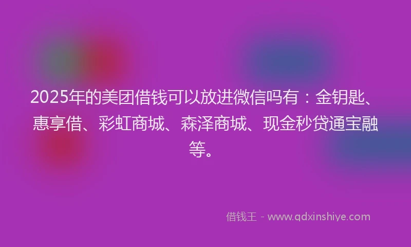 2025年的美团借钱可以放进微信吗有：金钥匙、惠享借、彩虹商城、森泽商城、现金秒贷通宝融等。