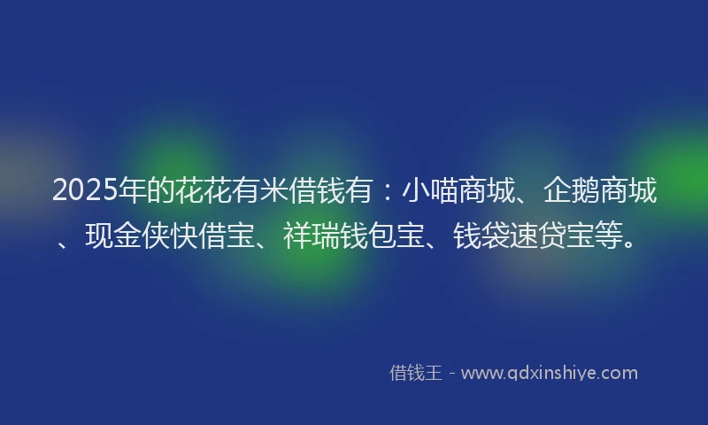 2025年的花花有米借钱有：小喵商城、企鹅商城、现金侠快借宝、祥瑞钱包宝、钱袋速贷宝等。