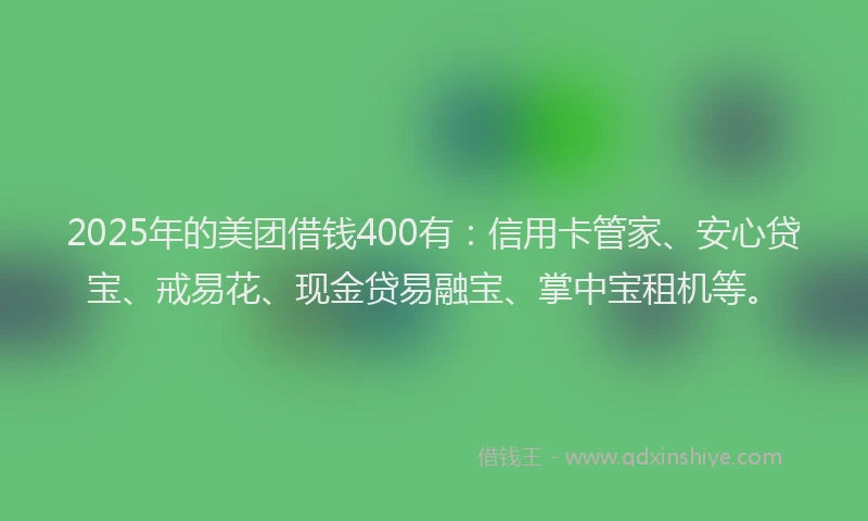 2025年的美团借钱400有：信用卡管家、安心贷宝、戒易花、现金贷易融宝、掌中宝租机等。