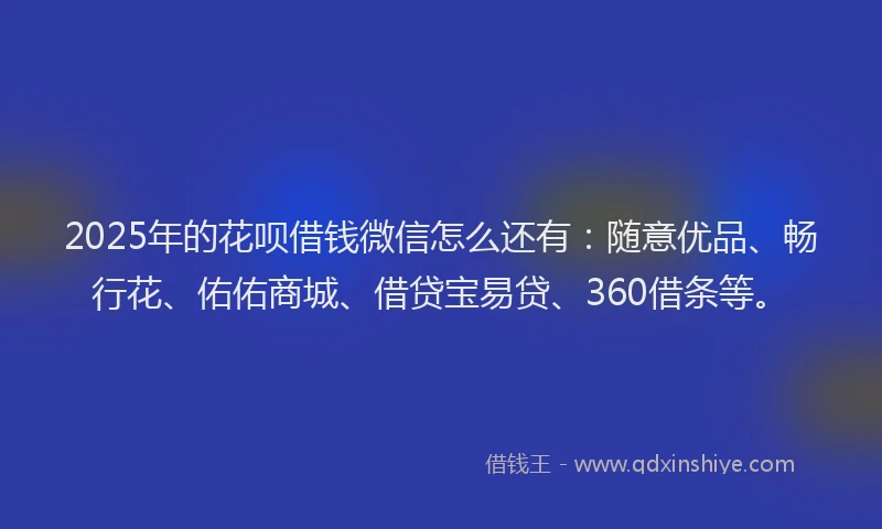 2025年的花呗借钱微信怎么还有：随意优品、畅行花、佑佑商城、借贷宝易贷、360借条等。