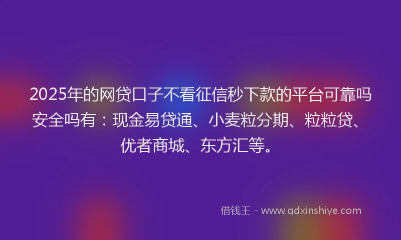 2025年的网贷口子不看征信秒下款的平台可靠吗安全吗有：现金易贷通、小麦粒分期、粒粒贷、优者商城、东方汇等。