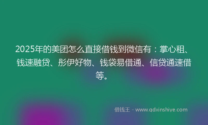2025年的美团怎么直接借钱到微信有：掌心租、钱速融贷、彤伊好物、钱袋易借通、信贷通速借等。