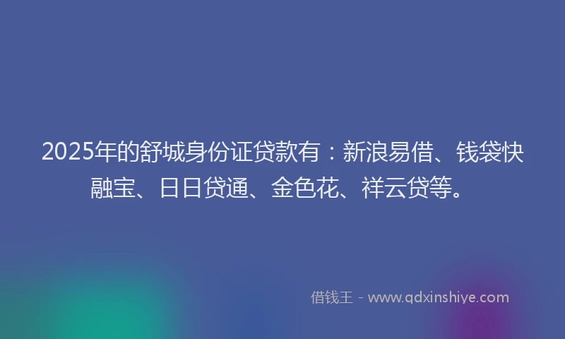 2025年的舒城身份证贷款有：新浪易借、钱袋快融宝、日日贷通、金色花、祥云贷等。
