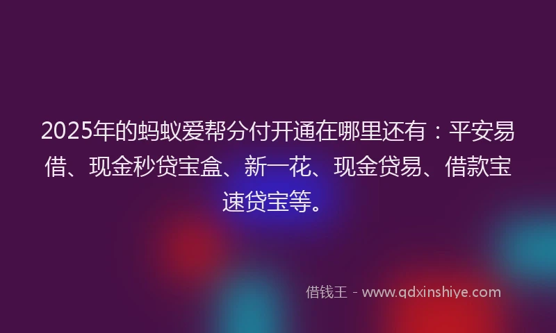 2025年的蚂蚁爱帮分付开通在哪里还有：平安易借、现金秒贷宝盒、新一花、现金贷易、借款宝速贷宝等。