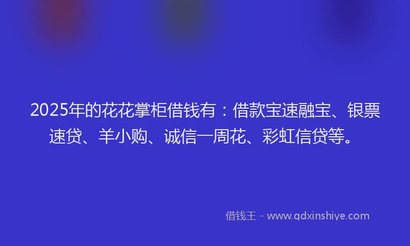2025年的花花掌柜借钱有：借款宝速融宝、银票速贷、羊小购、诚信一周花、彩虹信贷等。