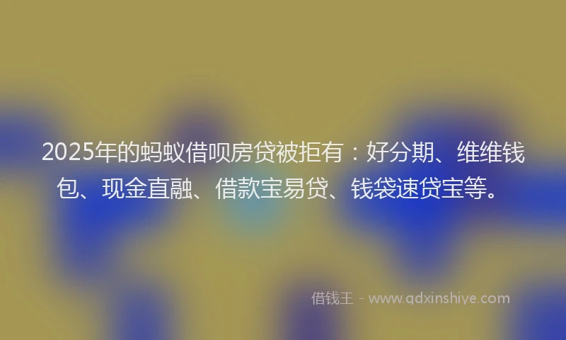 2025年的蚂蚁借呗房贷被拒有：好分期、维维钱包、现金直融、借款宝易贷、钱袋速贷宝等。