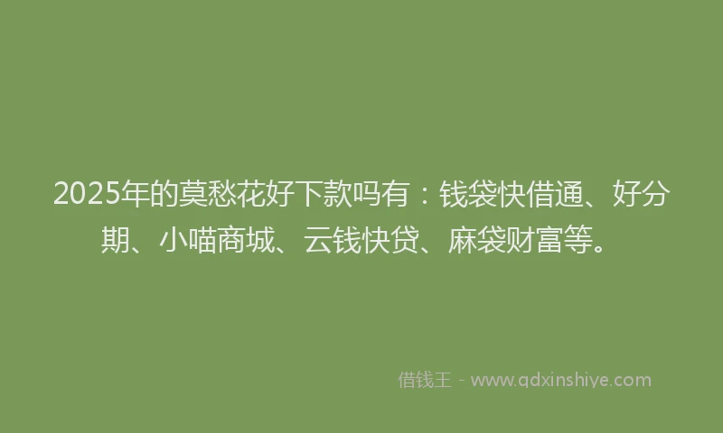 2025年的莫愁花好下款吗有：钱袋快借通、好分期、小喵商城、云钱快贷、麻袋财富等。