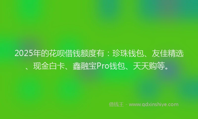 2025年的花呗借钱额度有：珍珠钱包、友佳精选、现金白卡、鑫融宝Pro钱包、天天购等。