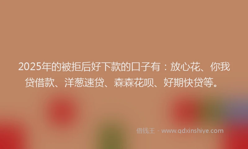 2025年的被拒后好下款的口子有：放心花、你我贷借款、洋葱速贷、森森花呗、好期快贷等。