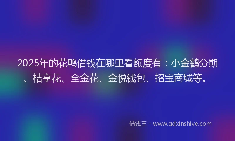 2025年的花鸭借钱在哪里看额度有：小金鹤分期、桔享花、全金花、金悦钱包、招宝商城等。