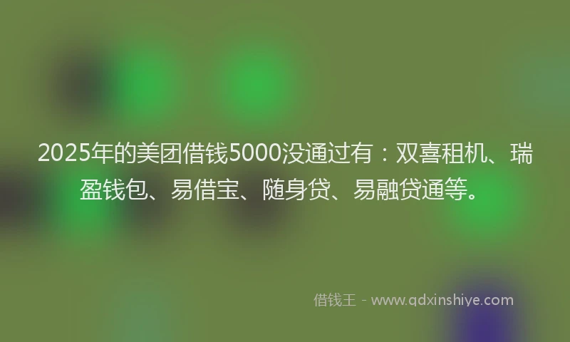 2025年的美团借钱5000没通过有：双喜租机、瑞盈钱包、易借宝、随身贷、易融贷通等。