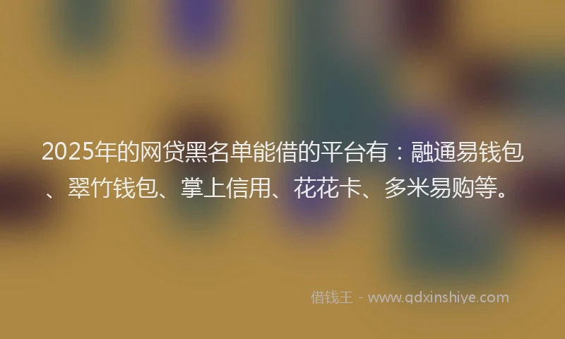 2025年的网贷黑名单能借的平台有：融通易钱包、翠竹钱包、掌上信用、花花卡、多米易购等。