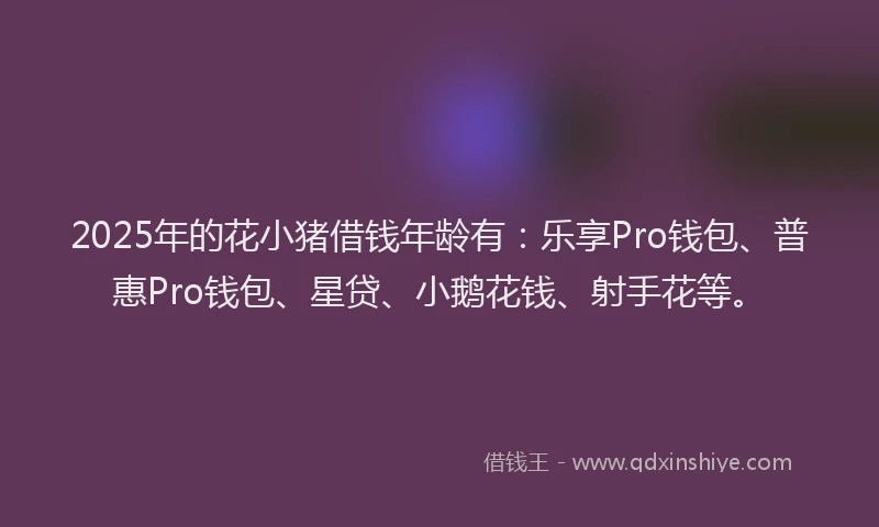 2025年的花小猪借钱年龄有：乐享Pro钱包、普惠Pro钱包、星贷、小鹅花钱、射手花等。
