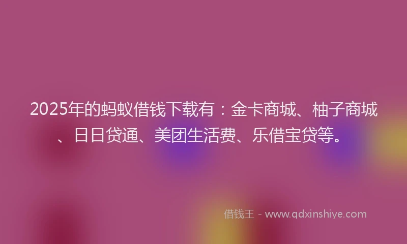 2025年的蚂蚁借钱下载有：金卡商城、柚子商城、日日贷通、美团生活费、乐借宝贷等。