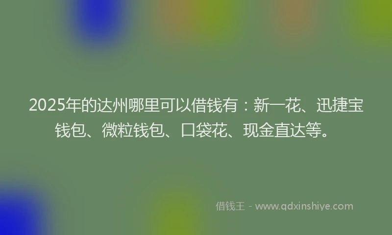 2025年的达州哪里可以借钱有：新一花、迅捷宝钱包、微粒钱包、口袋花、现金直达等。