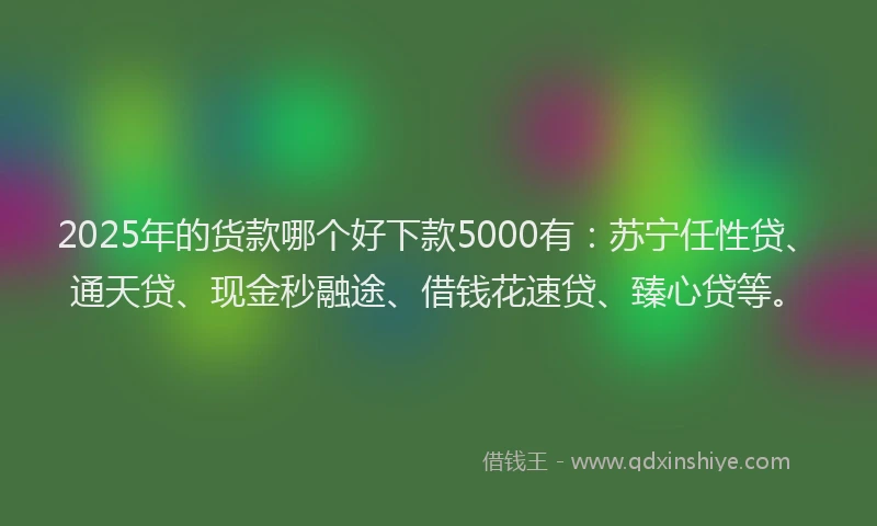 2025年的货款哪个好下款5000有：苏宁任性贷、通天贷、现金秒融途、借钱花速贷、臻心贷等。
