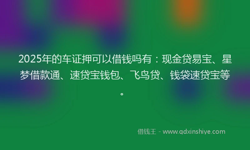 2025年的车证押可以借钱吗有：现金贷易宝、星梦借款通、速贷宝钱包、飞鸟贷、钱袋速贷宝等。