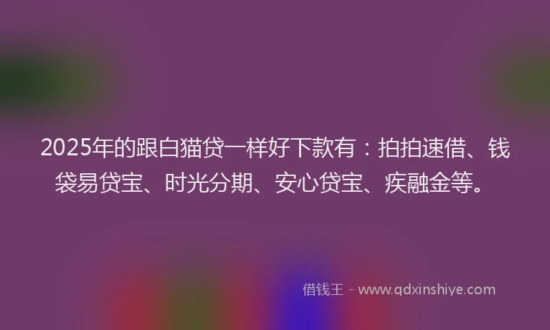 2025年的跟白猫贷一样好下款有：拍拍速借、钱袋易贷宝、时光分期、安心贷宝、疾融金等。