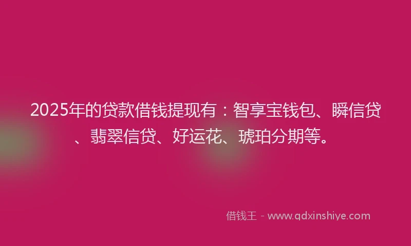 2025年的贷款借钱提现有：智享宝钱包、瞬信贷、翡翠信贷、好运花、琥珀分期等。