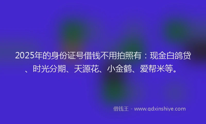 2025年的身份证号借钱不用拍照有：现金白鸽贷、时光分期、天源花、小金鹤、爱帮米等。