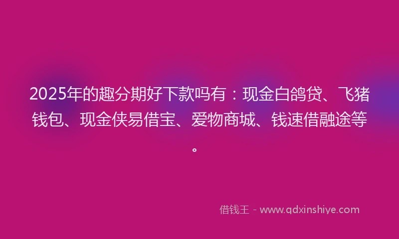 2025年的趣分期好下款吗有：现金白鸽贷、飞猪钱包、现金侠易借宝、爱物商城、钱速借融途等。