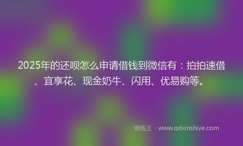 2025年的还呗怎么申请借钱到微信有：拍拍速借、宜享花、现金奶牛、闪用、优易购等。