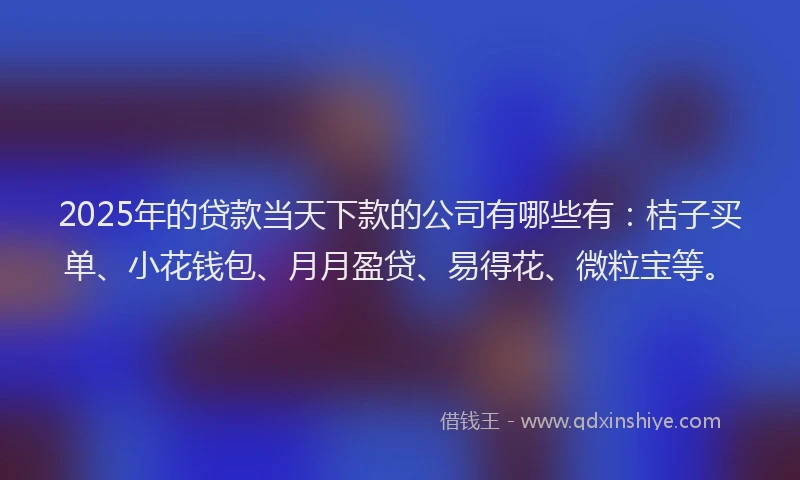 2025年的贷款当天下款的公司有哪些有：桔子买单、小花钱包、月月盈贷、易得花、微粒宝等。