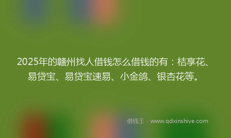 2025年的赣州找人借钱怎么借钱的有：桔享花、易贷宝、易贷宝速易、小金鸽、银杏花等。