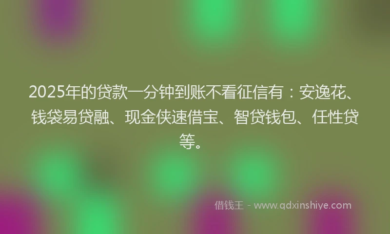 2025年的贷款一分钟到账不看征信有：安逸花、钱袋易贷融、现金侠速借宝、智贷钱包、任性贷等。
