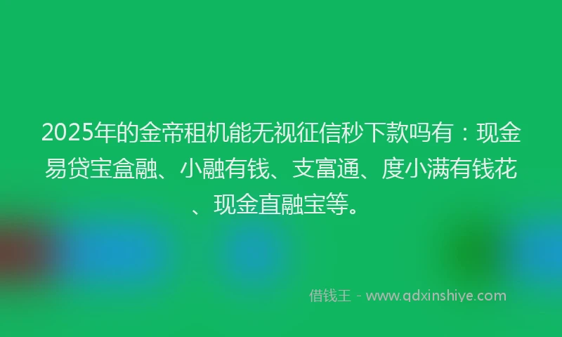 2025年的金帝租机能无视征信秒下款吗有：现金易贷宝盒融、小融有钱、支富通、度小满有钱花、现金直融宝等。