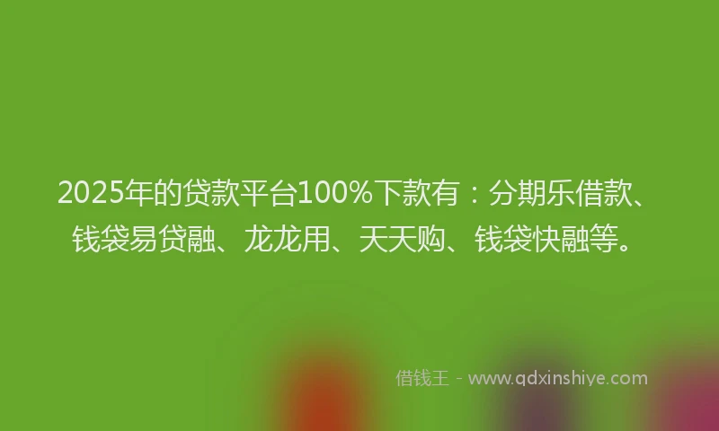 2025年的贷款平台100%下款有：分期乐借款、钱袋易贷融、龙龙用、天天购、钱袋快融等。