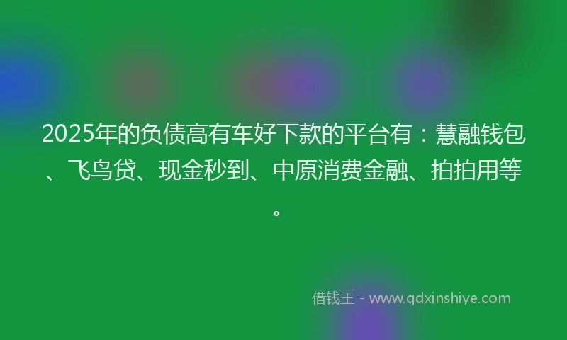 2025年的负债高有车好下款的平台有：慧融钱包、飞鸟贷、现金秒到、中原消费金融、拍拍用等。
