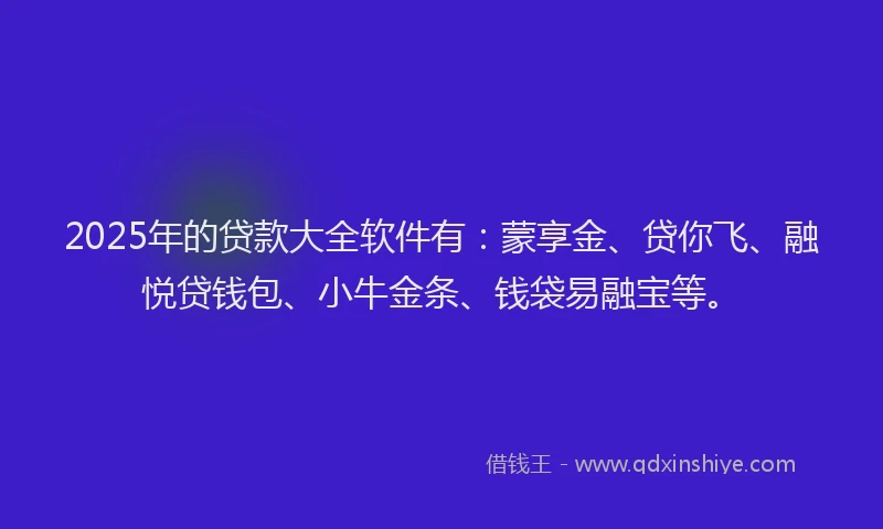 2025年的贷款大全软件有：蒙享金、贷你飞、融悦贷钱包、小牛金条、钱袋易融宝等。