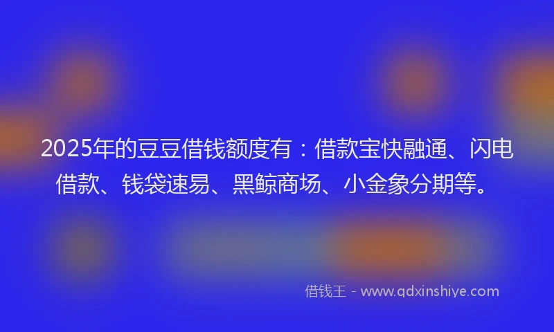 2025年的豆豆借钱额度有：借款宝快融通、闪电借款、钱袋速易、黑鲸商场、小金象分期等。