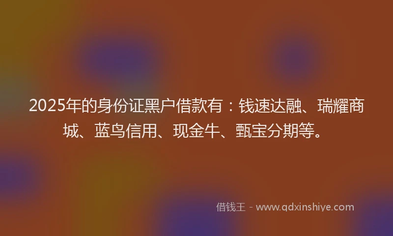 2025年的身份证黑户借款有：钱速达融、瑞耀商城、蓝鸟信用、现金牛、甄宝分期等。