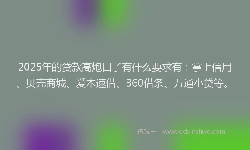 2025年的贷款高炮口子有什么要求有：掌上信用、贝壳商城、爱木速借、360借条、万通小贷等。