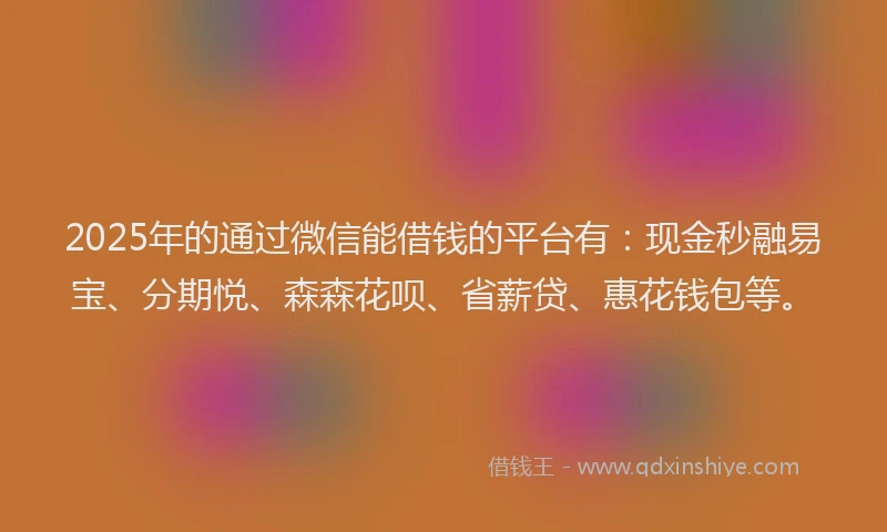 2025年的通过微信能借钱的平台有：现金秒融易宝、分期悦、森森花呗、省薪贷、惠花钱包等。