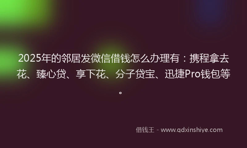 2025年的邻居发微信借钱怎么办理有：携程拿去花、臻心贷、享下花、分子贷宝、迅捷Pro钱包等。