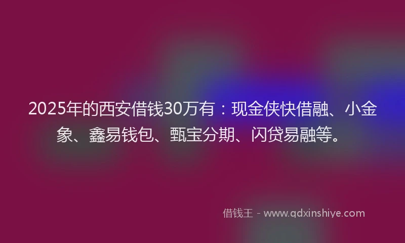 2025年的西安借钱30万有：现金侠快借融、小金象、鑫易钱包、甄宝分期、闪贷易融等。