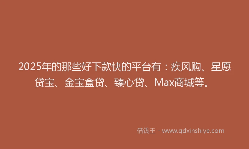 2025年的那些好下款快的平台有：疾风购、星愿贷宝、金宝盒贷、臻心贷、Max商城等。