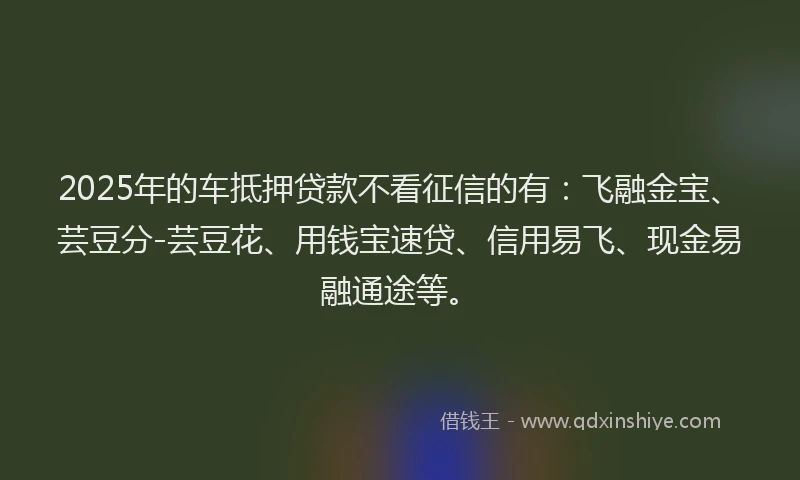 2025年的车抵押贷款不看征信的有：飞融金宝、芸豆分-芸豆花、用钱宝速贷、信用易飞、现金易融通途等。