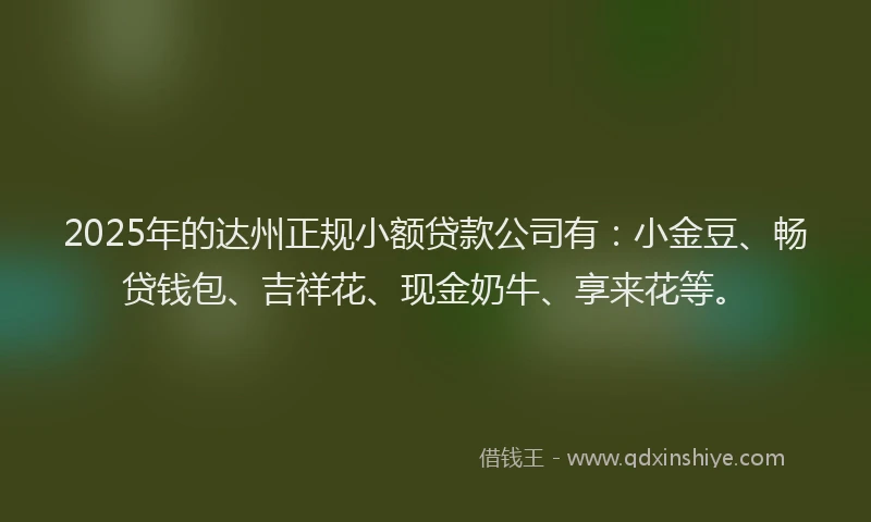 2025年的达州正规小额贷款公司有：小金豆、畅贷钱包、吉祥花、现金奶牛、享来花等。