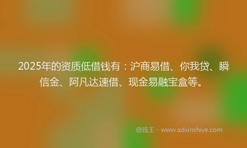 2025年的资质低借钱有：沪商易借、你我贷、瞬信金、阿凡达速借、现金易融宝盒等。