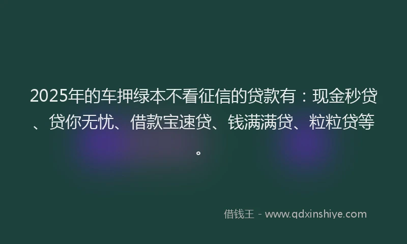 2025年的车押绿本不看征信的贷款有：现金秒贷、贷你无忧、借款宝速贷、钱满满贷、粒粒贷等。