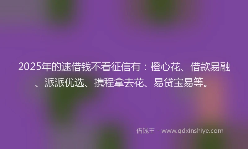 2025年的速借钱不看征信有：橙心花、借款易融、派派优选、携程拿去花、易贷宝易等。