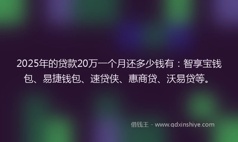 2025年的贷款20万一个月还多少钱有：智享宝钱包、易捷钱包、速贷侠、惠商贷、沃易贷等。