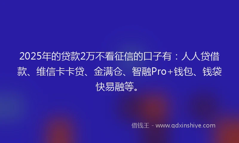2025年的贷款2万不看征信的口子有：人人贷借款、维信卡卡贷、金满仓、智融Pro+钱包、钱袋快易融等。